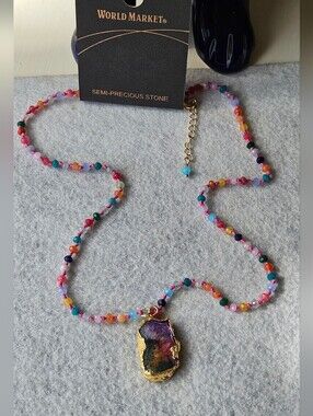 World Market Pink Multicolor Semiprecious Agate Beaded Pendant Necklace
